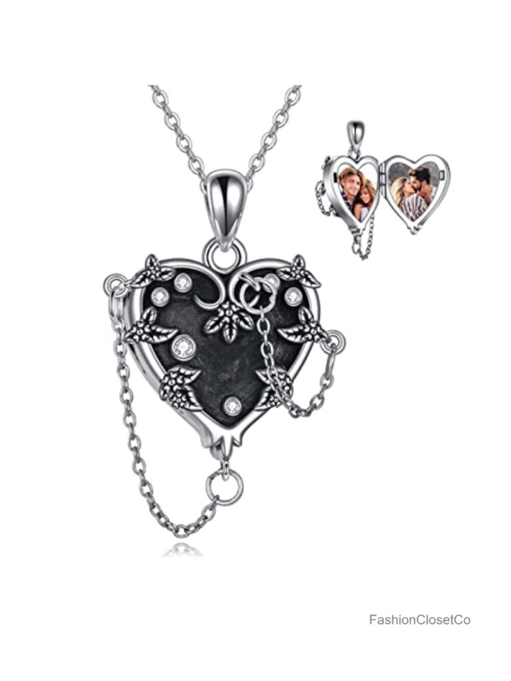 925 Sterling Silver Gothic Heart Locket Necklace with Cubic Zirconia